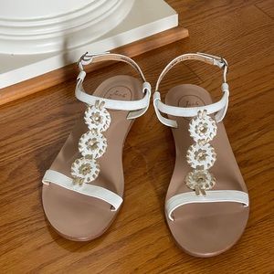 Jack Rogers Eve White Leather Medallion with Gold Whipstitched T-Strap Sandal
